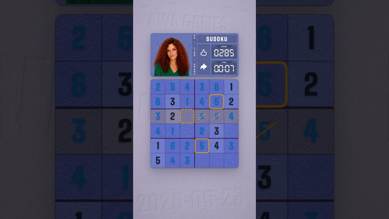 LinkedIn Mini Sudoku #285 solved board for May 23, 2026, 6x6 grid