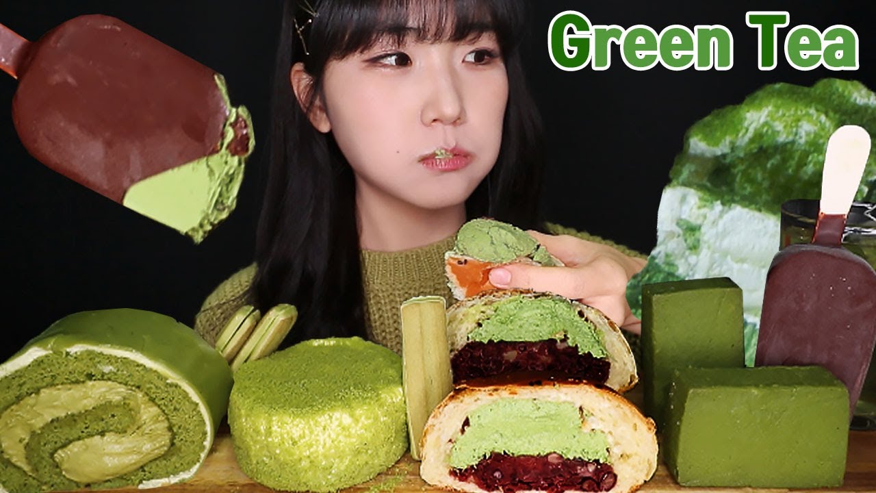 ASMR GREEN TEA ICE CREAM, CAKE, TERRINE, BREAD 녹차 아이스크림, 케이크, 테린느, 크림빵 디저트 먹방 DESSERT MUKBANG 抹茶デザート