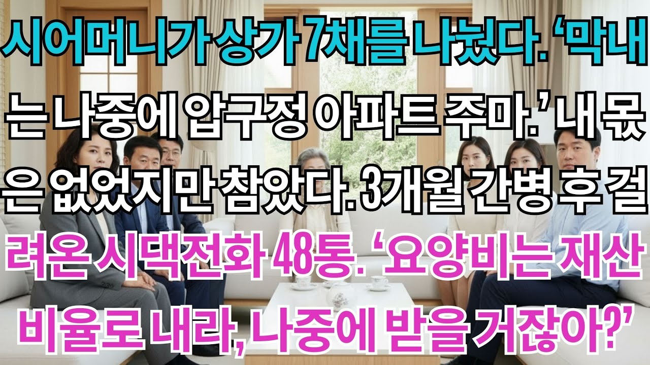 시어머니가 상가 7채를 나눴다. '막내는 나중에 압구정 아파트 주마.' 내 몫은 없었지만 참았다. 3개월 간병 후 걸려온 시댁전화 48통 '요양비는 재산 비율로 내, 너네도...