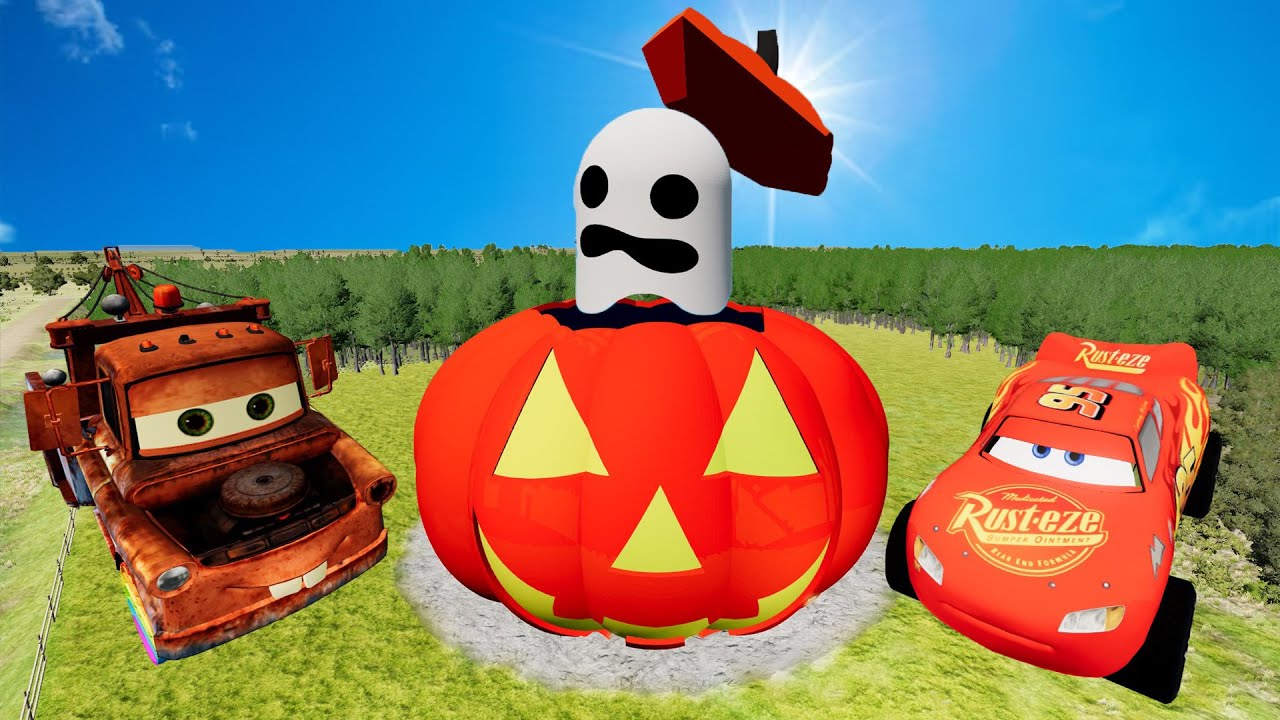 Big Long Cars Lightning McQueen And Mater Vs Huge Pits Of Halloween