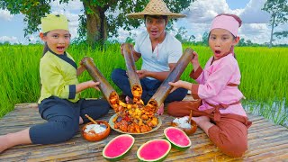 Daddy grills roasted pork lag in bamboo with organic watermelon jelly