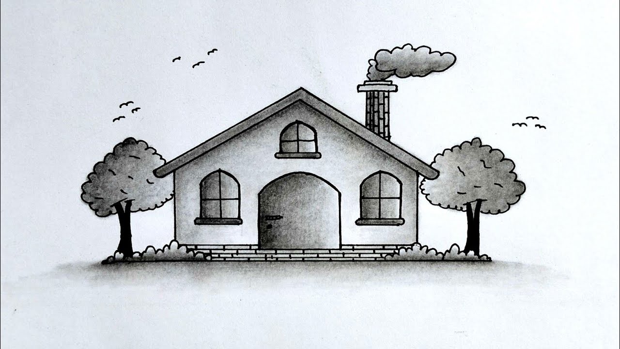 How to Draw House Drawing with Pencil Shading | Pencil Sketch House ...