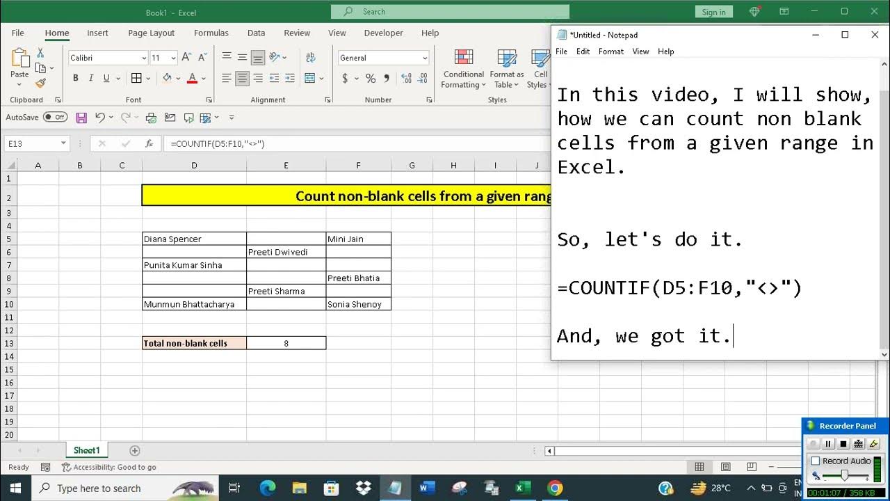 count-non-blank-cells-from-a-given-range-in-excel-youtube