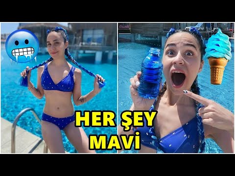 24 SAAT BOYUNCA HER ŞEY MAVİ !! (MAVİ SAÇLAR,MAVİ HAVUZ)