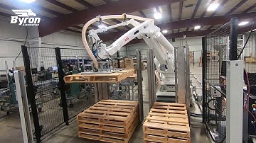 Byron Automation: Palletizer using Robot on a Rail