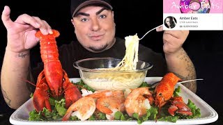 Alfredo Pasta + Colossal Shrimp + Two Whole Lobsters | AMBER EATS COLLAB