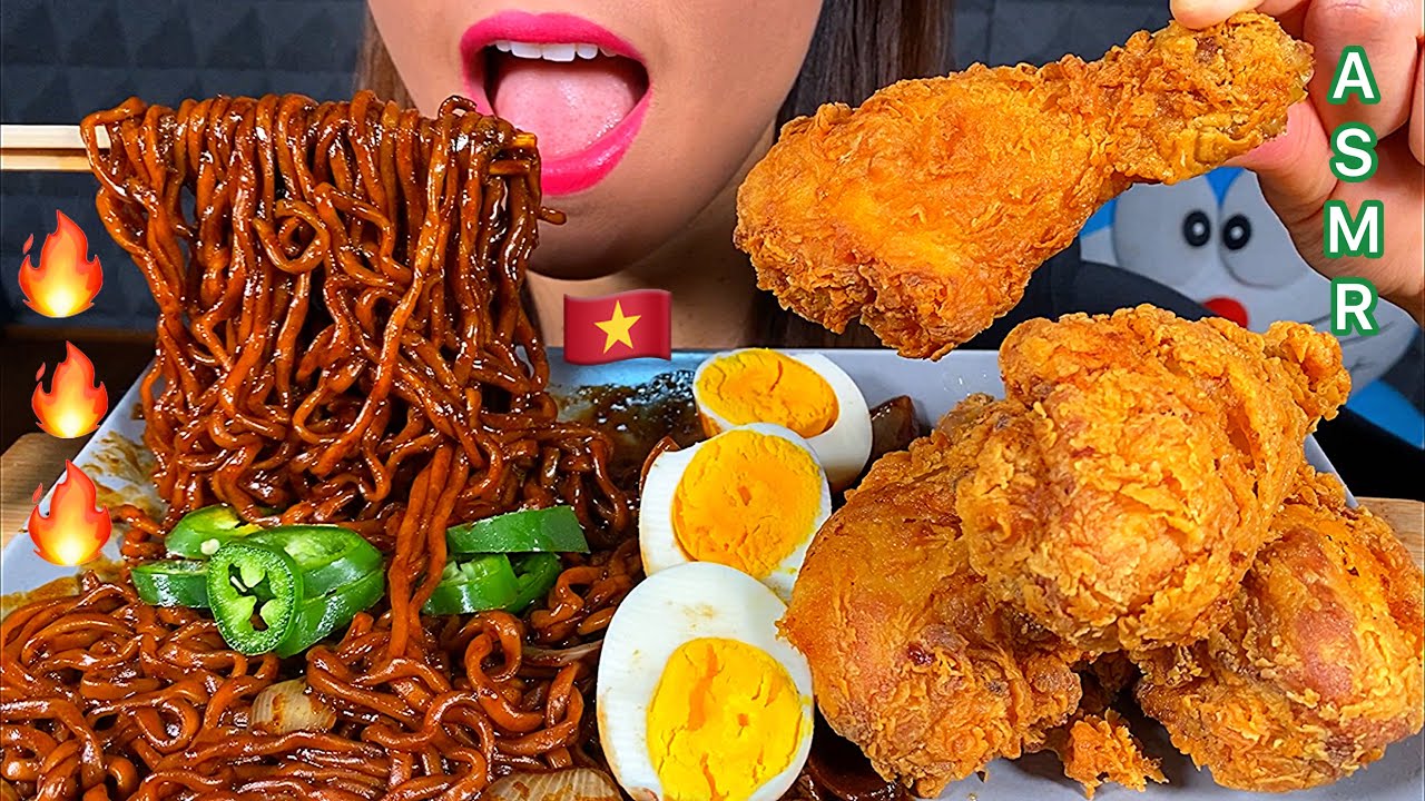 eating-samyang-fire-black-bean-noodles-eggs-fried-chicken-hot-chili
