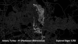 Bidirectional A* Pathfinding in Ankara, Turkey using Manhattan Distance is the heuristic.