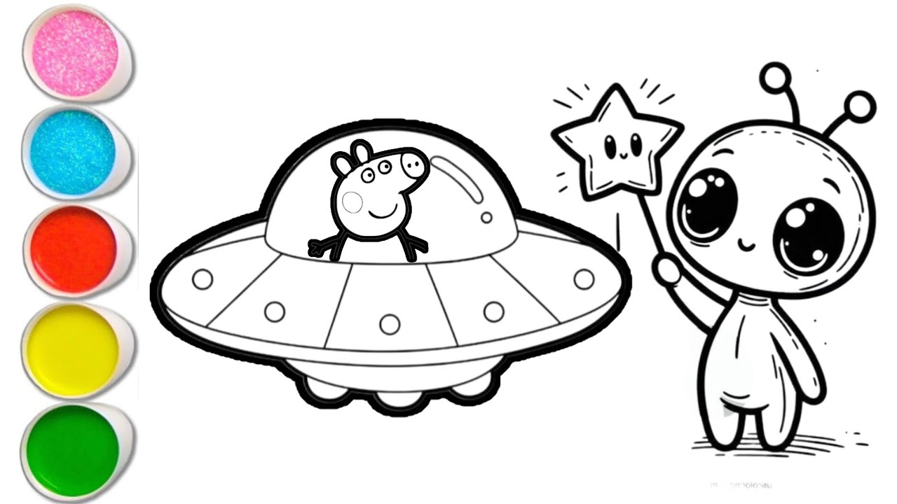 Peppa pig in Alien space drawing and colouring for kids and toddlers || easy peppa Peppa pig drawing