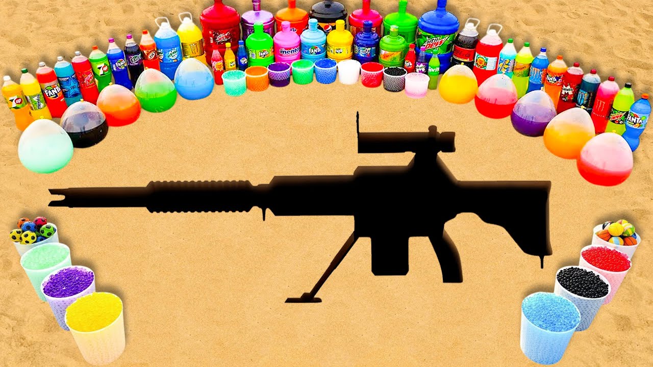 Big Toothpaste Eruption from Machine Gun with Mtn Dew, Soda Balloons & Pepsi, Coca Cola vs Mentos