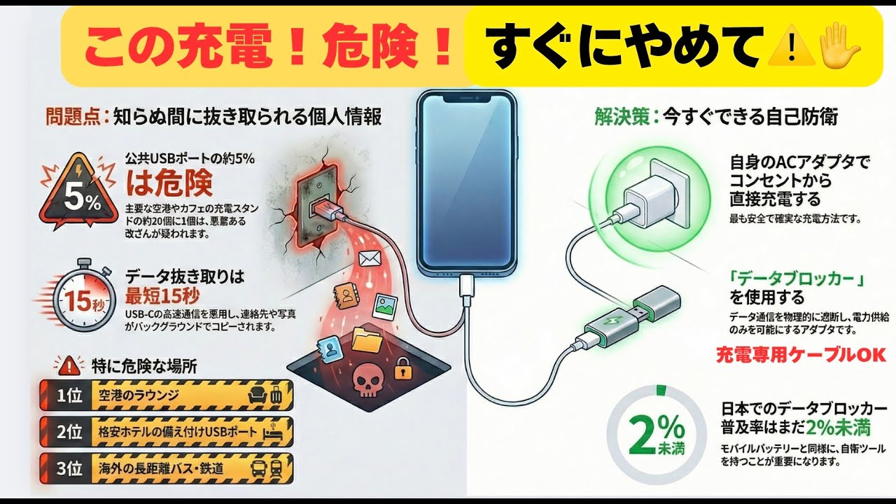 【最短15秒】スマホを刺した瞬間に詰みます。公共充電ポートに潜む「情報の泥棒」の正体とは！(NotebookLM)