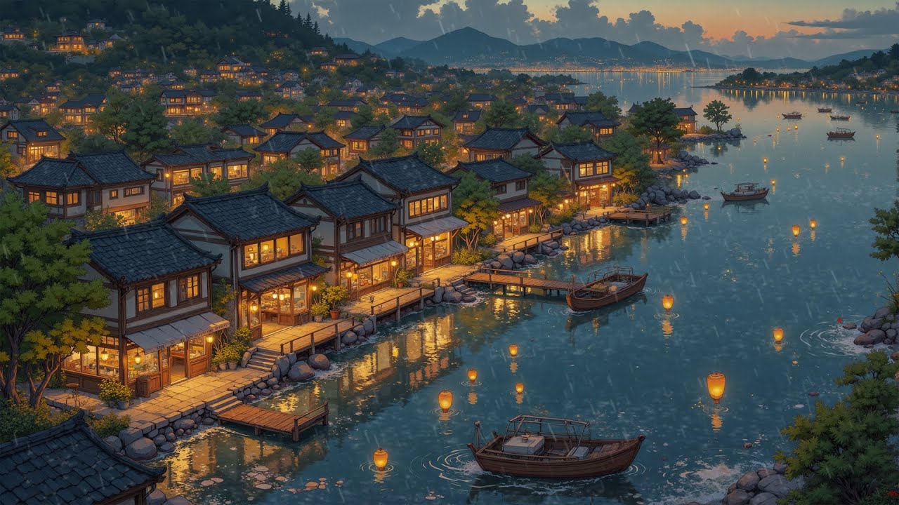 Rainy Riverside Village 🌧️ Floating Lanterns & Gentle Rain | Chill Lofi Beats to Relax & Focus