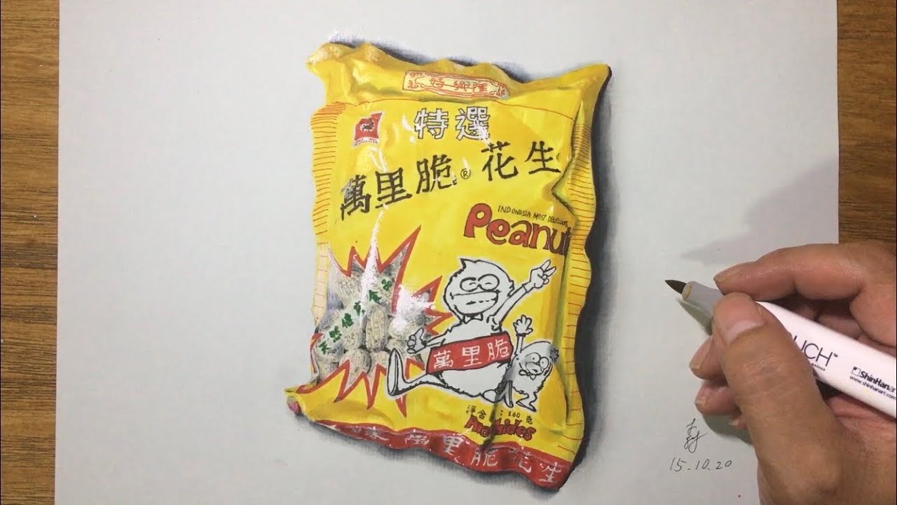 香港零食 Marker木顏色畫萬里望花生how To Draw A Pack Of Peanuts Realistic Hyperrealistic Youtube
