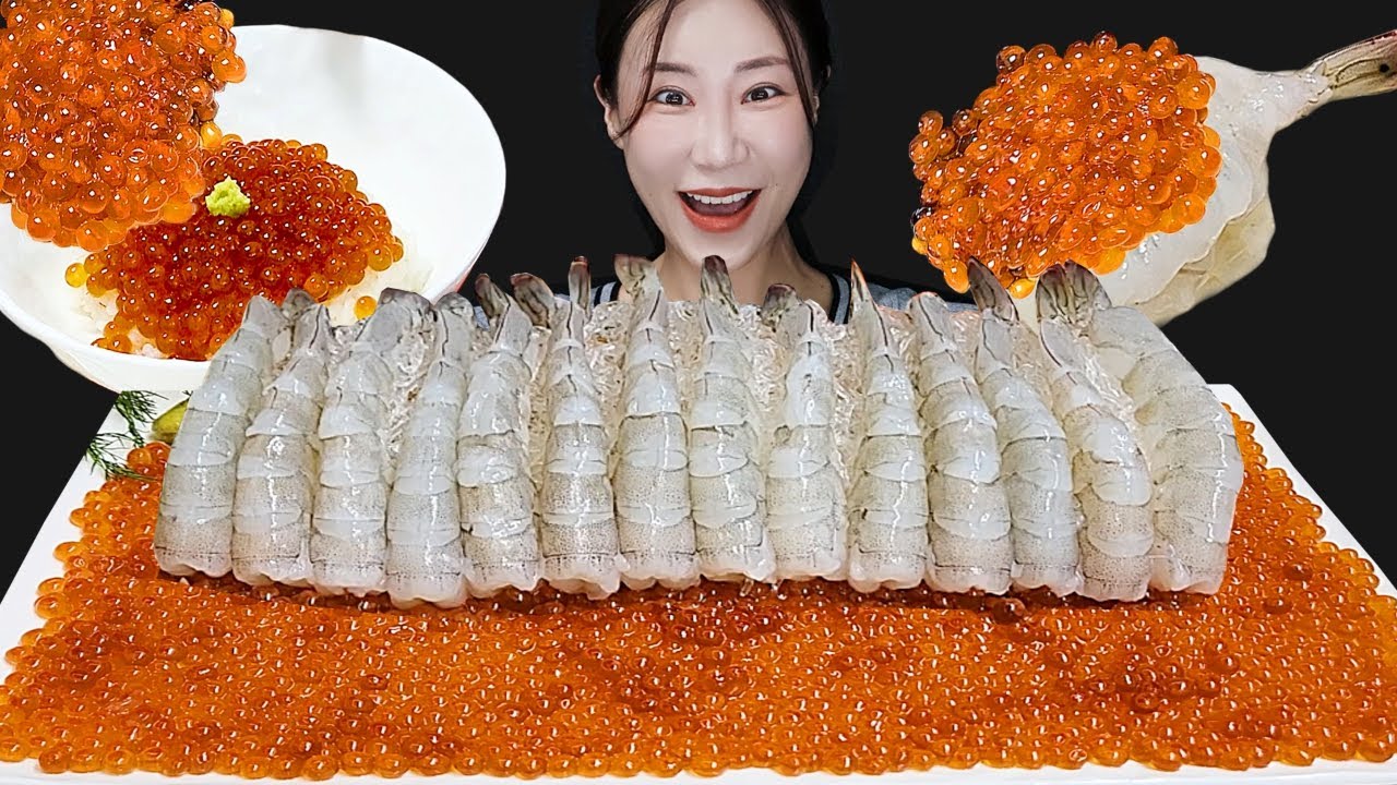 Салмоновая роя 🧡+Raw Shrimp 🦐🍣 Звуки для еды MUKBANG