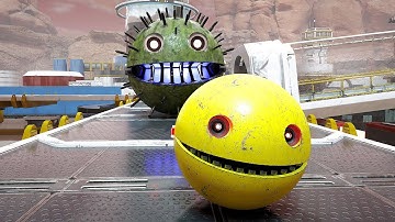 Pacman Teams Up with Mecha Dog and Gladiator Robot to Defeat Robot Fish and Spiky Monster in Maze