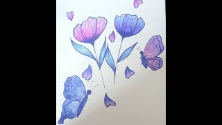 Flowers with butterfly drawing easy step by step for beginners |