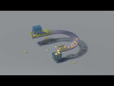 Unity simulation of filling a container from a roller table