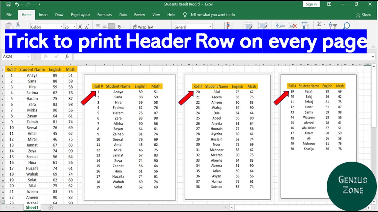 How to print Header Row on every page | Trick to print header row on every page