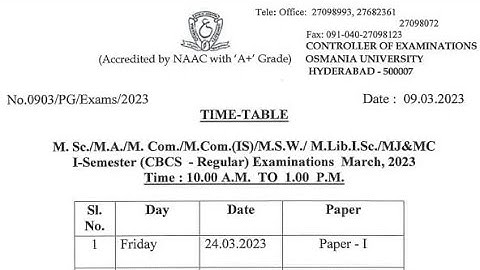 OU PG 1st Semester (CBCS-Regular) Examinations Time Table - March 2023 #ou_students