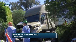 Overturned big rig snarls traffic on HWY 101 in Carpinteria