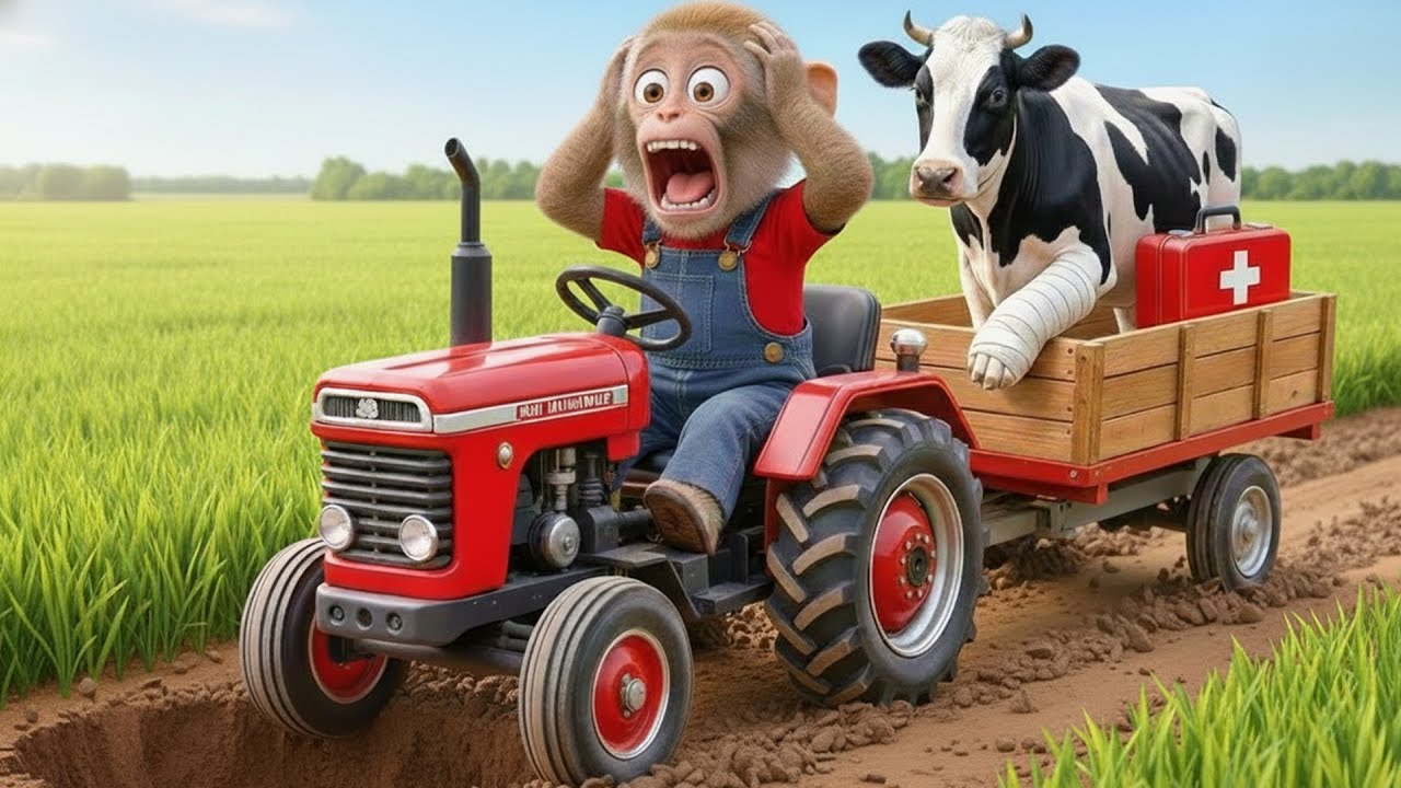 🚜🐒 Monkey Bon Bon Drives a Tractor to Save a Dairy Cow Trapped in a Deep Pit! 😱🐄