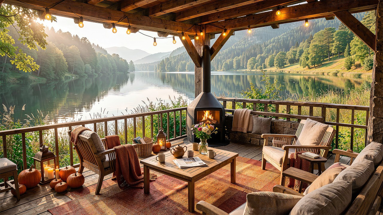Peaceful Lakeside Cabin Morning ☕ Cozy Outdoor Fireplace Ambience with Soft Jazz for Calm Focus