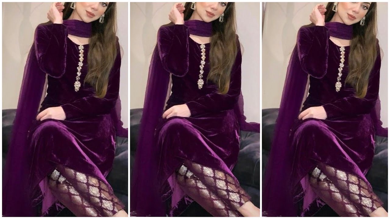 Shazu Trends new winter collection for up coming winter straight velvet  kurti whit straight trouser Set (Color Wine))