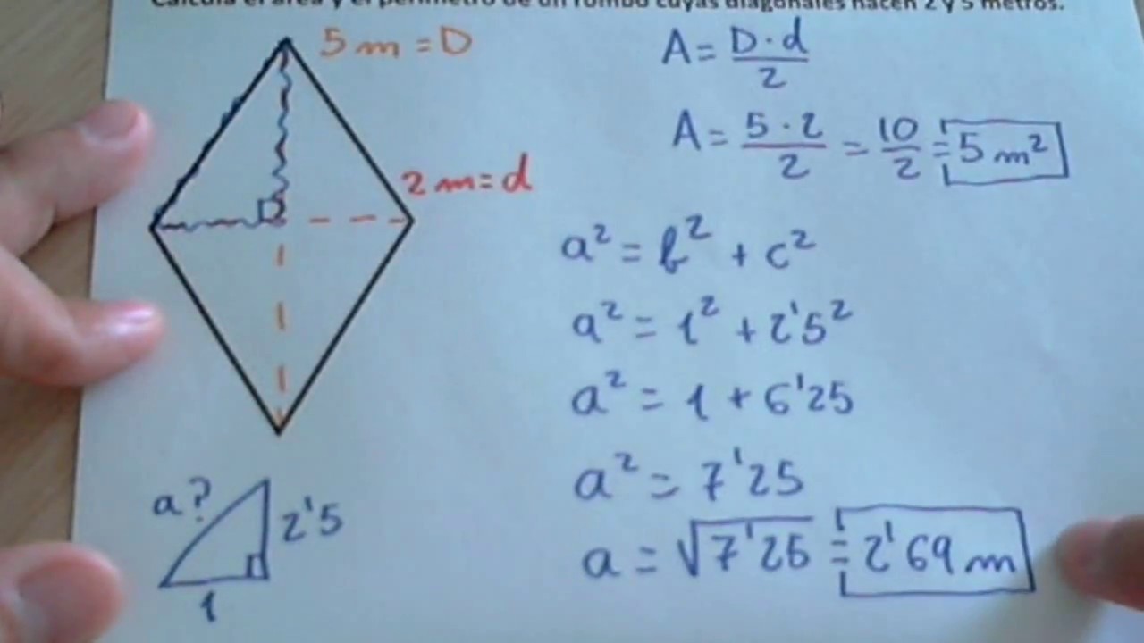 Área y perímetro de un rombo con el teorema de Pitágoras