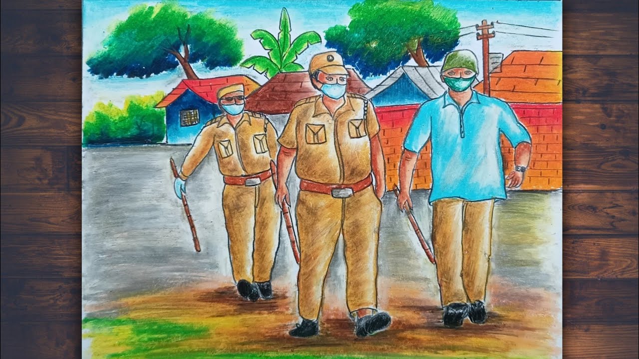 How to draw police taken Stern action against lockdown||lockdown painting with oil pastel||