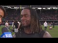 Ashton Jeanty after passing Josh Jacobs rookie scrimmage yards record during win vs Chiefs