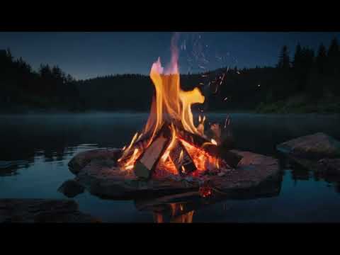 Вогонь на озері тріск дерева Шум води Природа