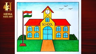 School Scenery Drawing \/ My School Drawing \/ How to draw a School Easy - Step by Step for beginners