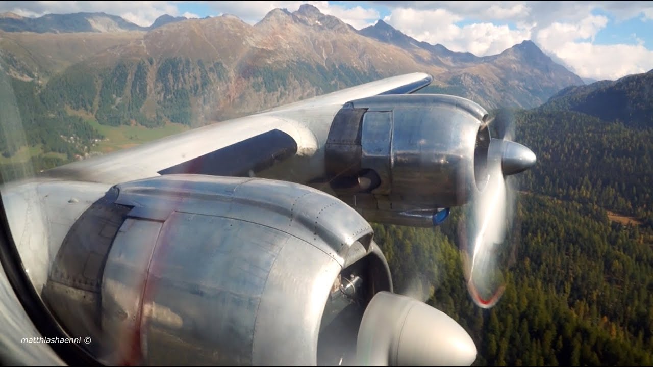 Most Beautiful Flight with Super Constellation through Swiss Alps from Samedan