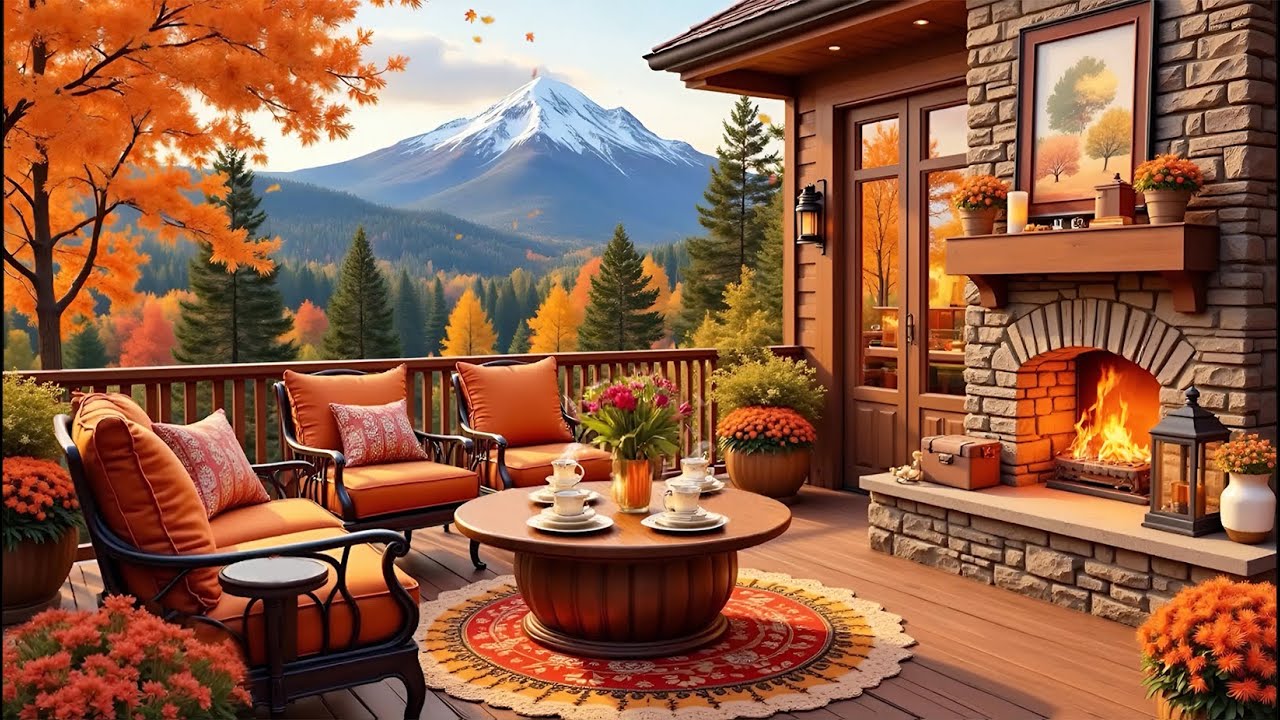 Cozy Autumn Porch 🍁 Soft Piano & Crackling Fireplace Ambience for ...