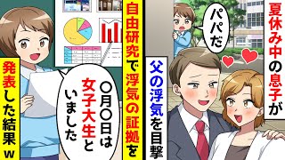 夏休み中の息子が父の不倫を偶然目撃した。そして毎日調査を続け自由研究で不倫の証拠を学校で発表することに