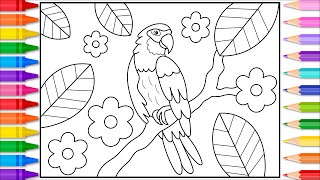 How to Draw a Parrot Step by Step Easy for Kids 🦜💙💚🧡🌸 Fun Parrot Drawing and Coloring Pages
