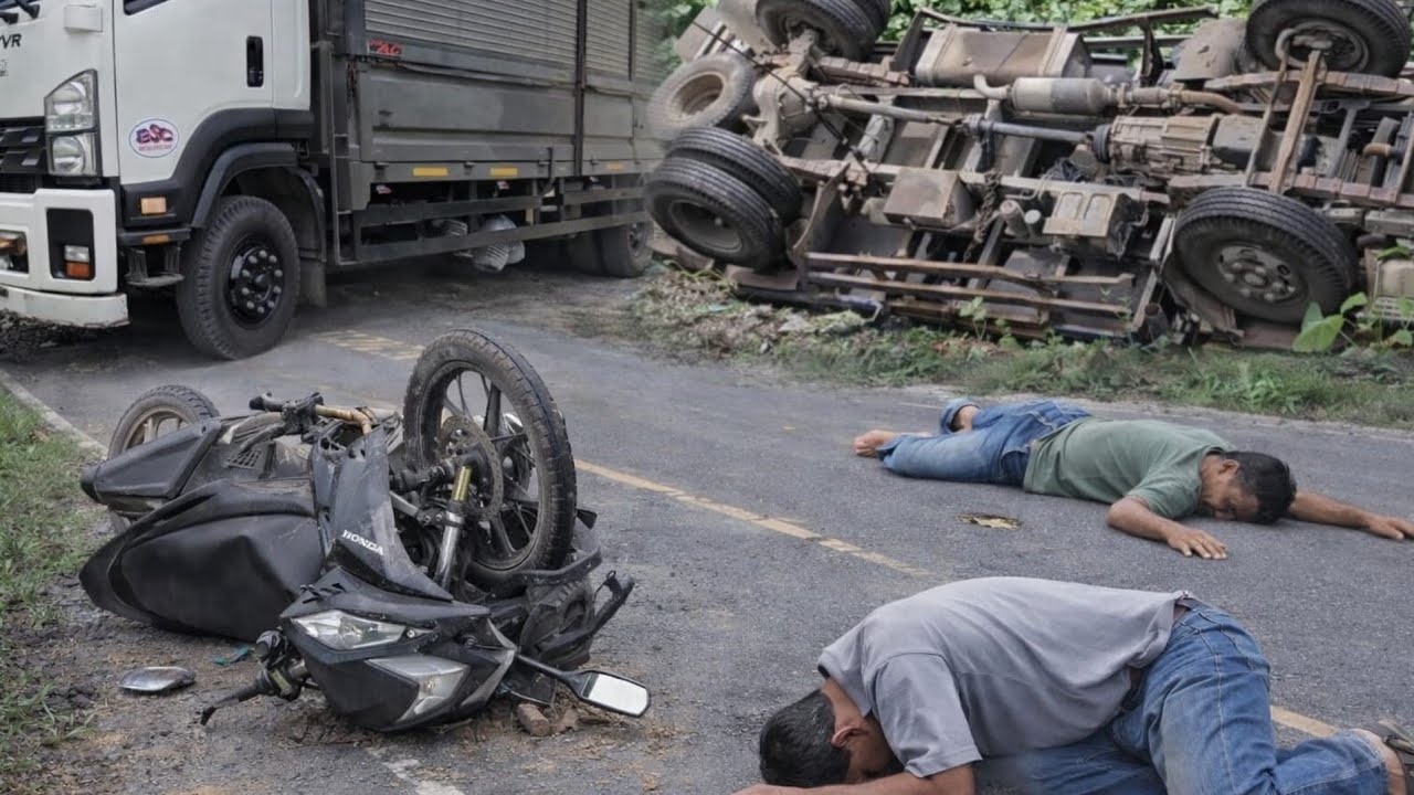 Detik Detik Sepeda Motor Terjatu Pengendara Sampai Bersujud.Truck Senggol Truk,Evakuasi Truk Trbalik
