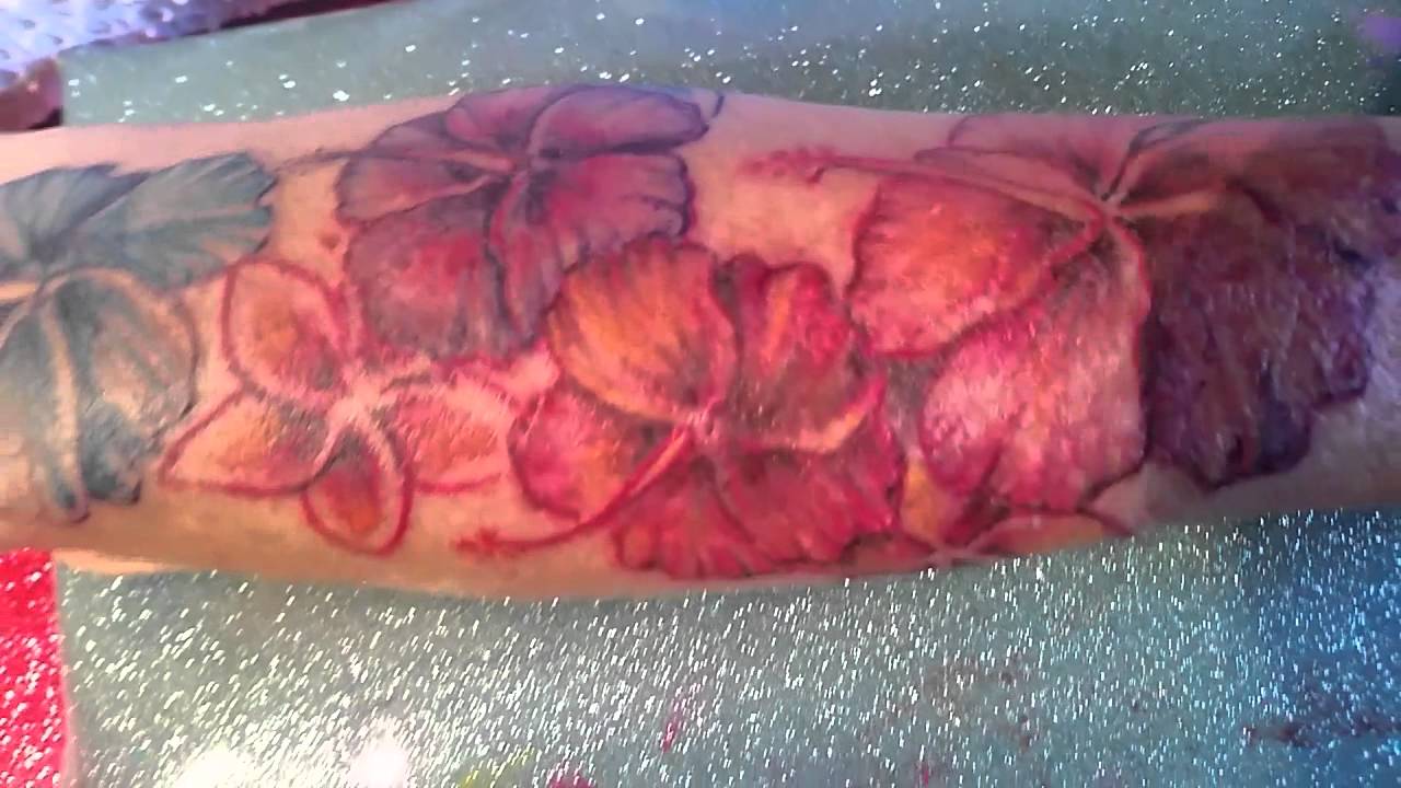Freehand color,plumeria hibiscus tattoo (1st session)