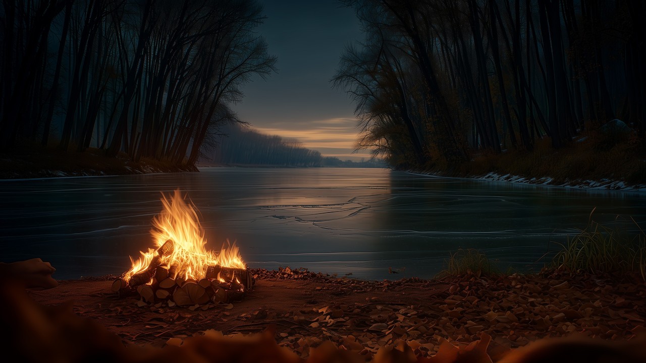 Winter River Campfire at Dusk 🔥🌙 Deep Relaxing Nature Sounds for Sleep