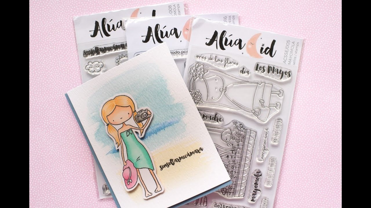 Tarjeta con acuarelas y Copics Markers con sellos en español de Alua Cid paper mache