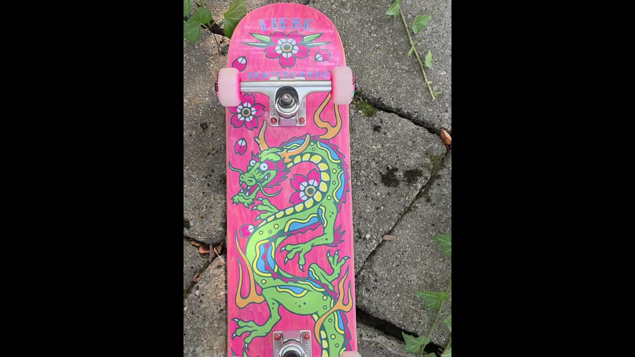 Liebe Skateboards prebuilt Grom Squad Dragon Deck pink stain 7.25" x 28" ready to ride for $150