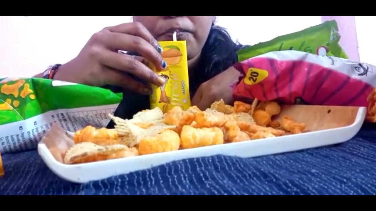 Potato Chips , kurkure and puff Corn and Juice Eating Food ASMR