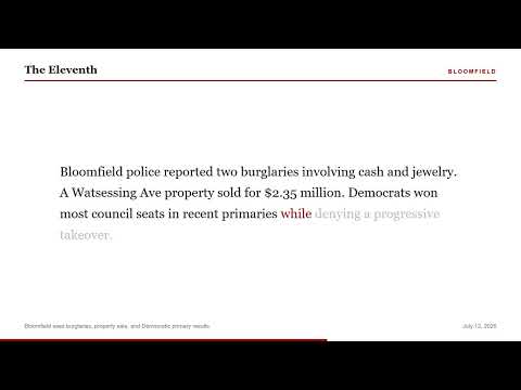 Bloomfield sees burglaries, property sale, and Democratic primary results