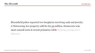 Bloomfield sees burglaries property sale and Democratic primary results