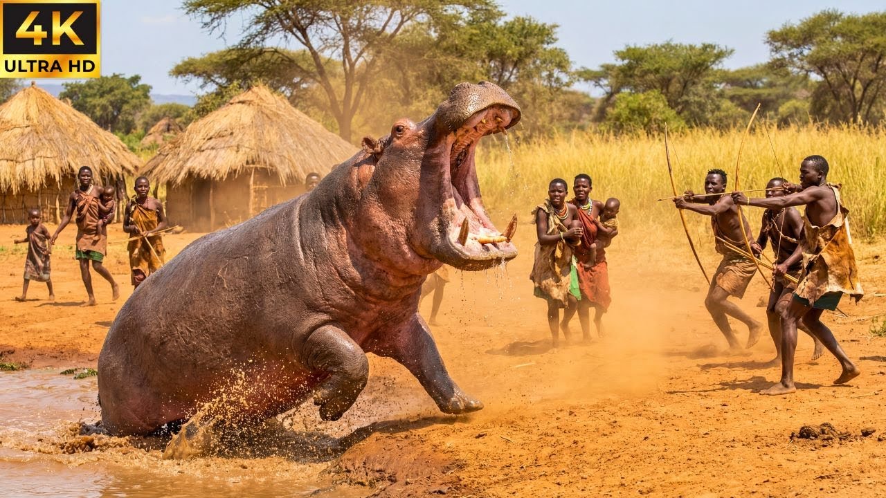 Самый смертоносный хищник Африки: Как хадзабе выживают после нападения бегемота