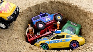 Find and rescue police car fire truck with crane truck - Toy car story