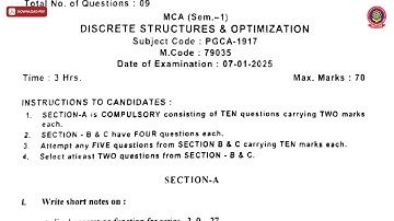 MCA 1ST SEM DISCRETE STRUCTURES AND OPTIMIZATION JAN 2025 | PTU