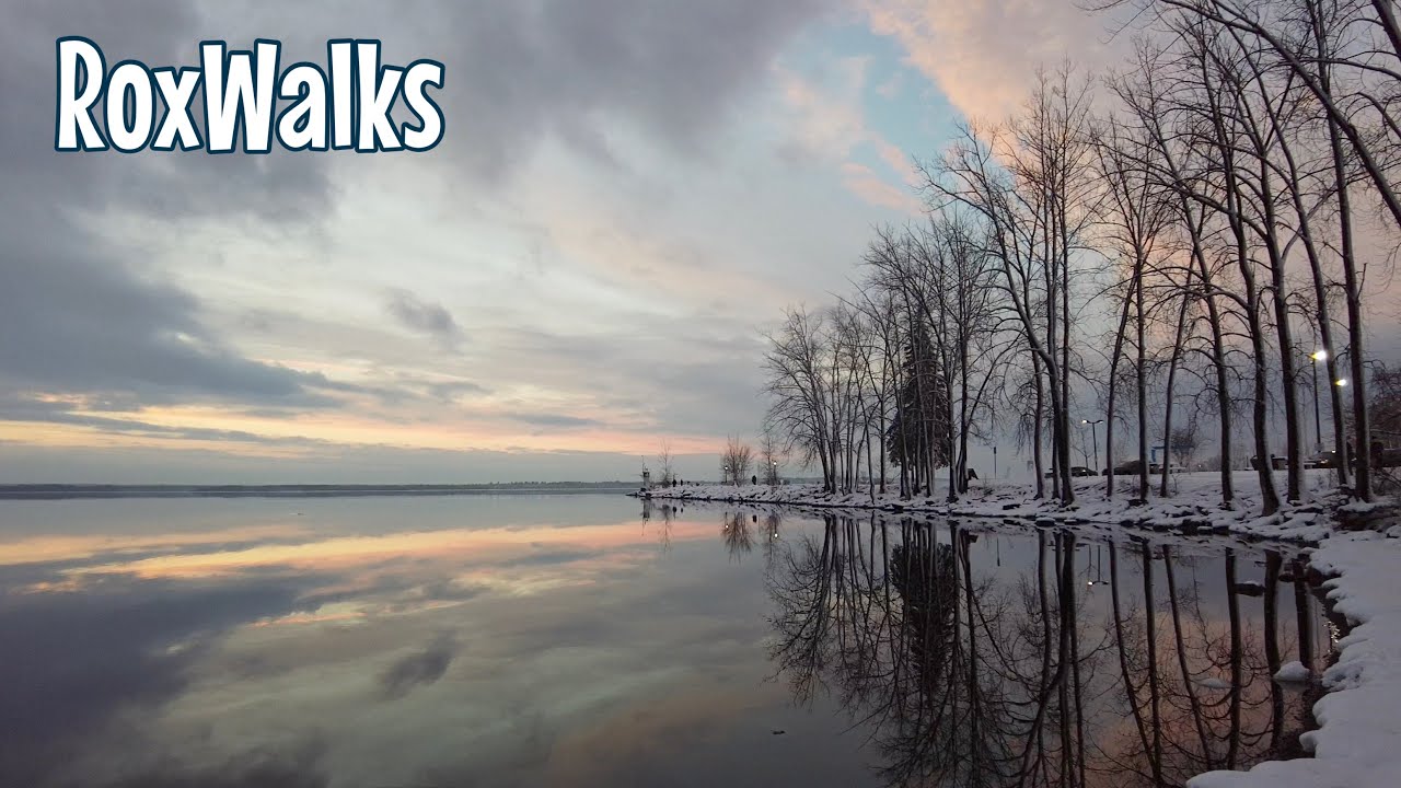 Winter sunset walk by the river - 4K - snow ASMR, meditation, relaxation music