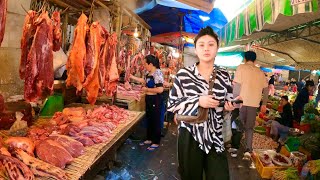 Cambodian street food  Delicious fresh chicken, pork, fruits, vegetables @ Boeung Trabaek market