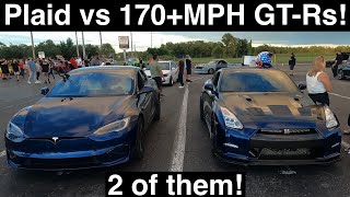 Gutted Plaid vs TWO 170+MPH GTRs! Godzilla rules the 1/4 mile?!? Flatout runs in UHD 4K!